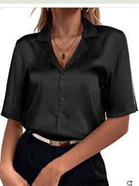 Chigant Black Satin Button Front Blouse Top Medium